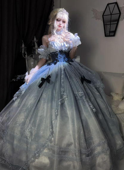 Stunning Blue Bow A Line Lace Tulle Lolita Goth Boning Dress Prom Dress DP4505