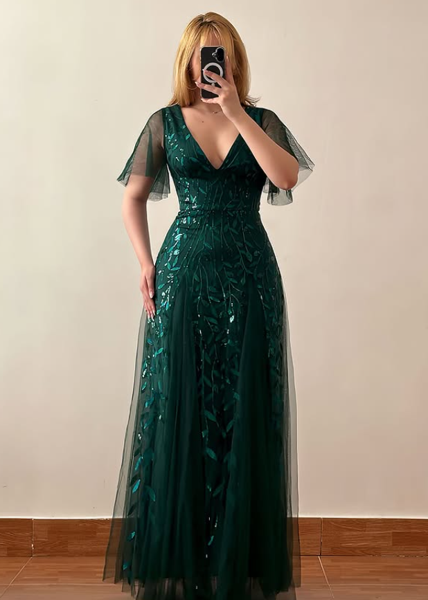 Elegant Dark Green A Line V Nekc Sequin Tulle Prom Dress Evening Dress DP6416