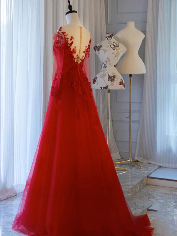 Pretty Red Tulle Appliques Long Prom Dress Elegant Evening Dress Wedding Dress DP137