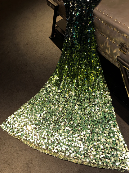 Shiny Green Ombre A Line V Neck Sequin Long Prom Dress Evening Dress DP1960