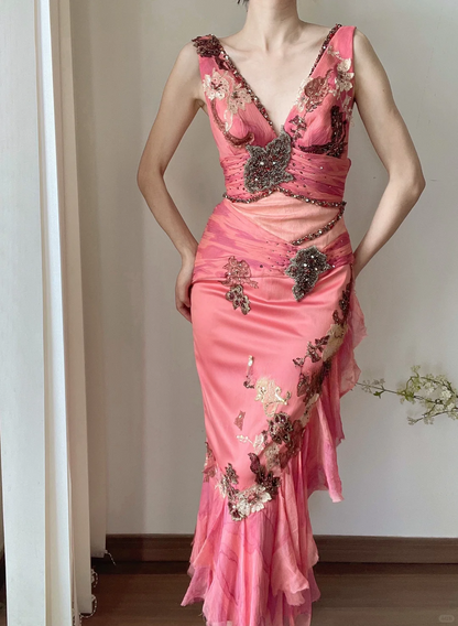 Retro Pink Mermaid V Neck Beaded Ruffle Satin Long Prom Dress Evening Dress DP3349