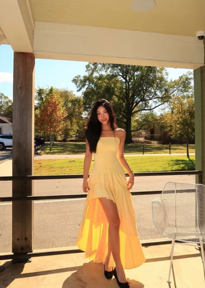 Cute Yellow A Line Strapless Satin Long Prom Dress Evening Dress with Slit DP7956