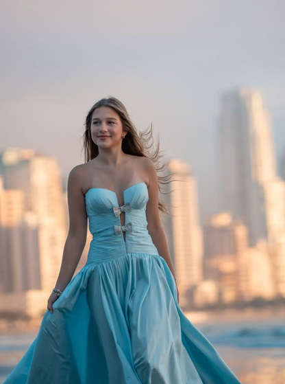 Baby Blue A Line Strapless Satin Long Prom Dress Evening Dress DP6226