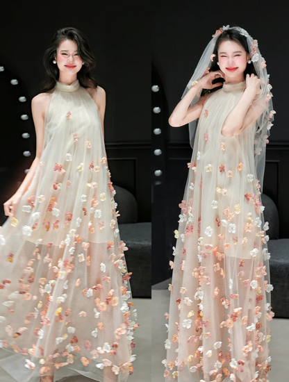 Cute Pink A Line Halter Floral Pink Tulle Prom Dress 16th Birthday Dress DP4250