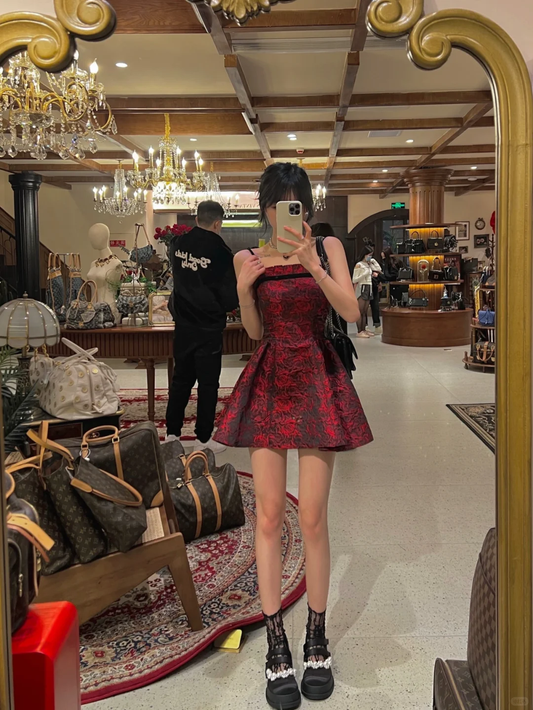 Cute A Line Spaghetti Strap Red Print Floral Satin Short Homecoming Dress Cocktail Dress DP2672