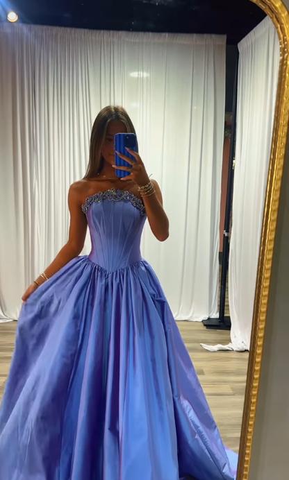 Dreamy Purple A Line Strapless Exquisite Beaded Satin Long Prom Dress Evening Dress DP7120