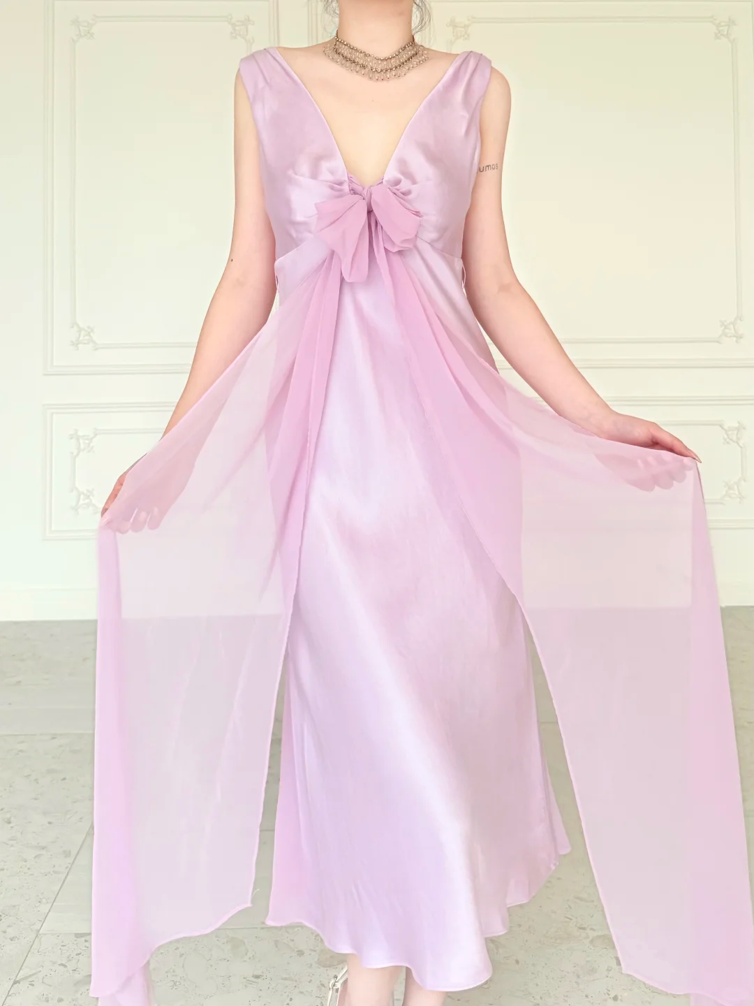 Gentle Light Purple A Line V Neck Chiffon Satin Prom Dress Evening Dress DP6442