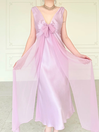 Gentle Light Purple A Line V Neck Chiffon Satin Prom Dress Evening Dress DP6442