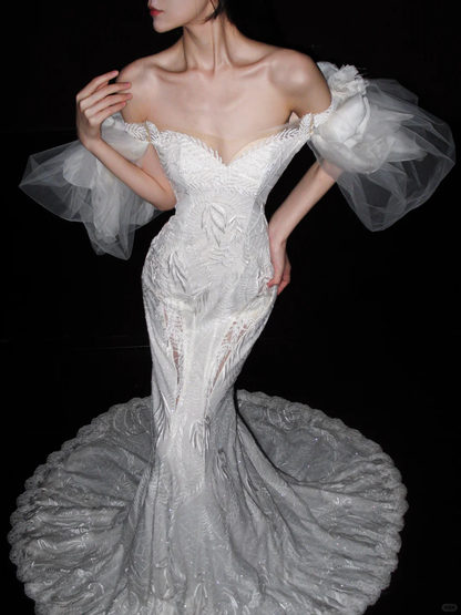 Luxurious Mermaid Off the Shoulder White Beaded Lace Tulle Long Wedding Dress DP5794
