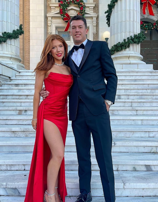 Red Sheath Strapless Satin Long Prom Dress Evening Dress with Slit DP8031