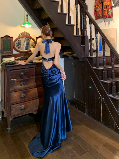 Vintage Mermaid Halter Rhinestone Blue Satin Open Back Long Sweep Party Dress Evening Dress DP2431