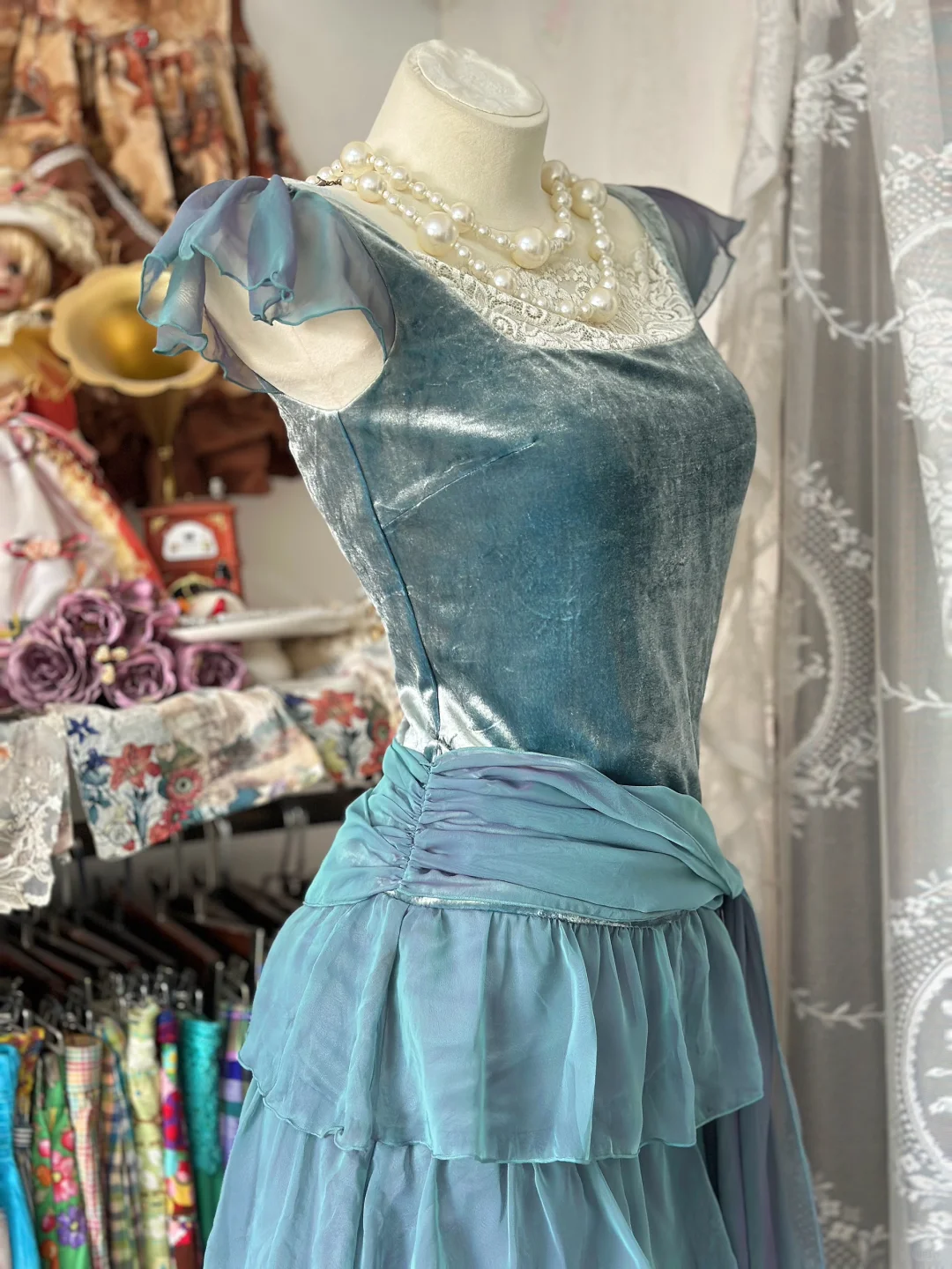 Vintage A Line Straps Blue Velvet Layered Chiffon Homecoming Dress Outfits DP4866