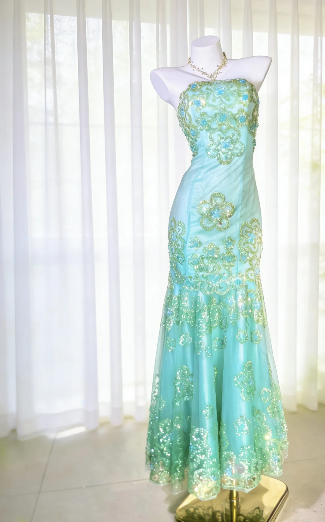 Dreamy Blue Vintage Mermaid Strapless Beaded Tulle Prom Dress Party Dress DP5009