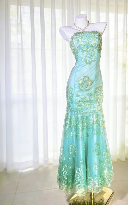 Dreamy Blue Vintage Mermaid Strapless Beaded Tulle Prom Dress Party Dress DP5009