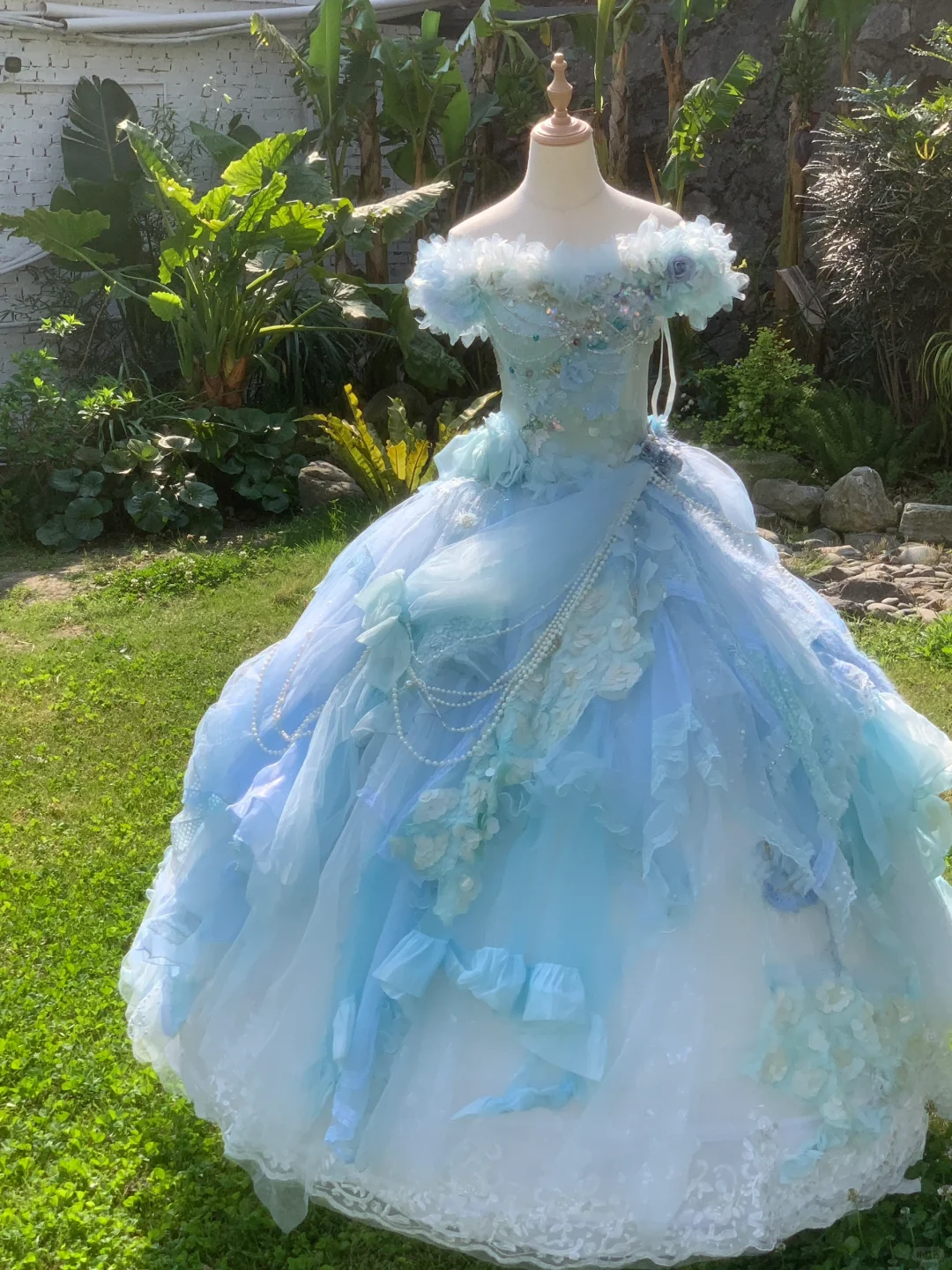 Dreamy Blue Ball Gown Off the Shoulder Exquisite Beaded Lace Tulle Prom Dress 18th Birthday Dress DP4462