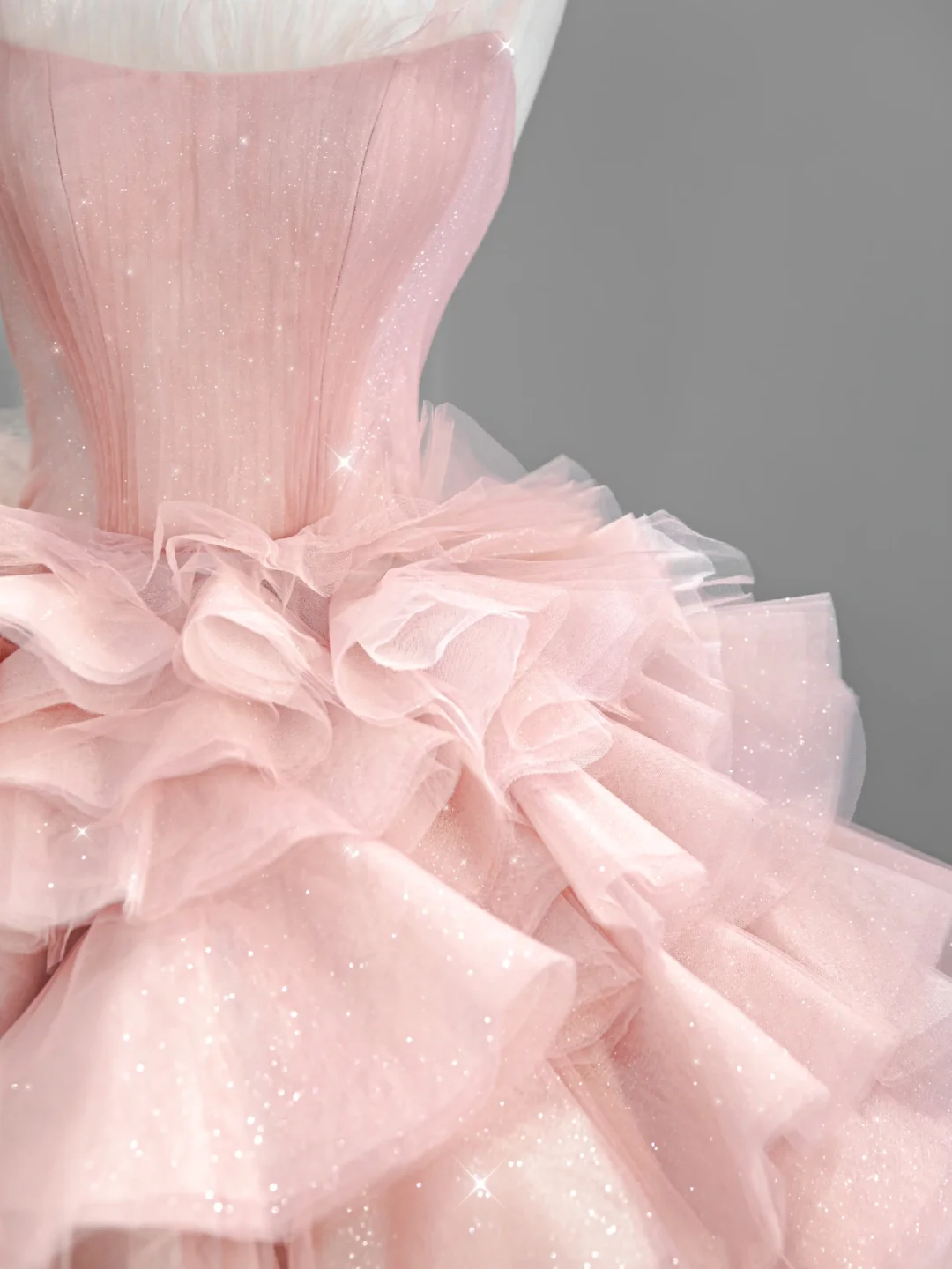 Elegant A Line Strapless Tiered Pink Tulle Long Prom Dress Evening Dress DP1957