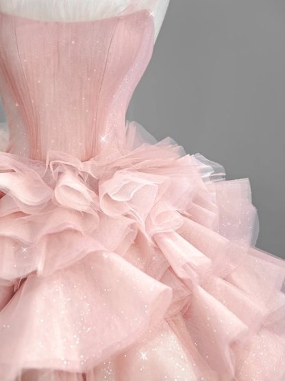 Elegant A Line Strapless Tiered Pink Tulle Long Prom Dress Evening Dress DP1957