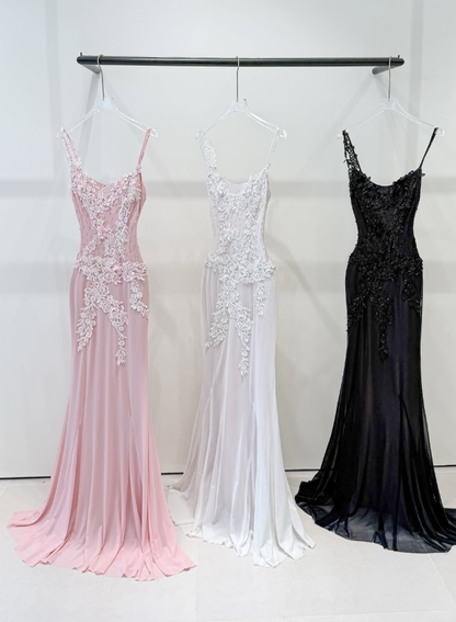 Elegant Pink Sheath Spaghetti Strap Lace Appliques Tulle Prom Dress Evening Dress DP6139