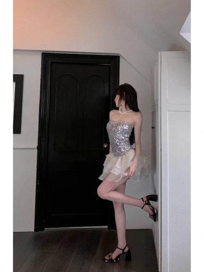 Shiny A Line Strapless Sequin Layered Organza Short Homecoming Dress Outfits DP6394