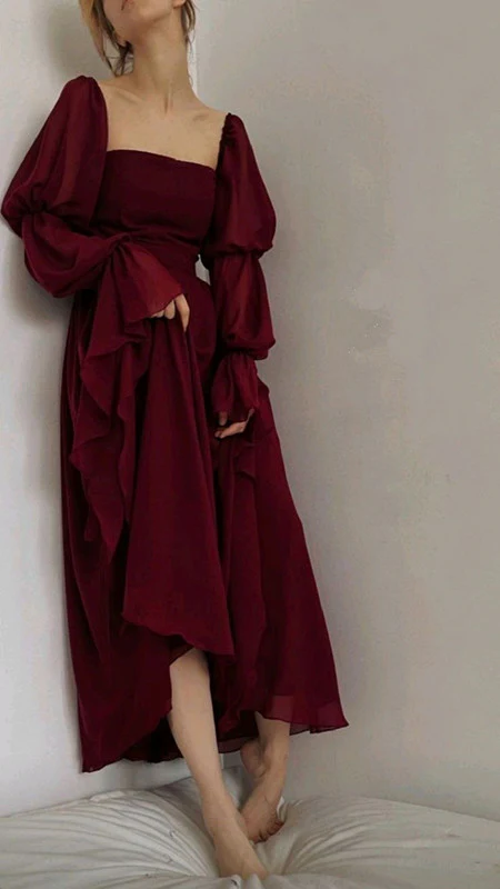 Romantic A-Line Vintage Burgundy Chiffon A Line Long Prom Dress Party Dress Outfits DP668