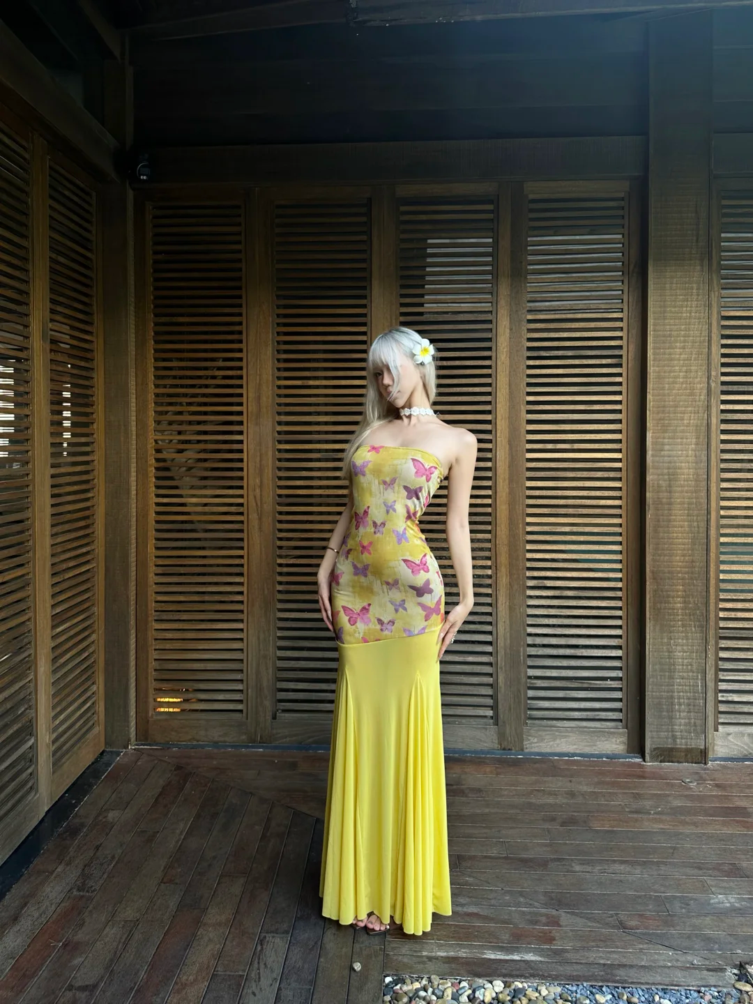 Yellow Mermaid Strapless Butterfly Print Chiffon Vacation Dress Outfits DP3844