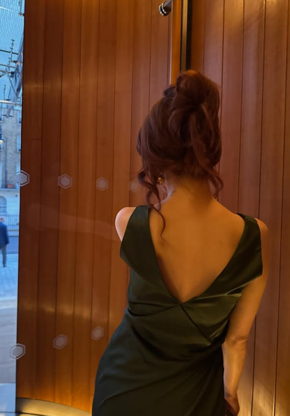 Simple Green A Line V Neck Satin Long Prom Dress Wedding Guest Dress DP4318