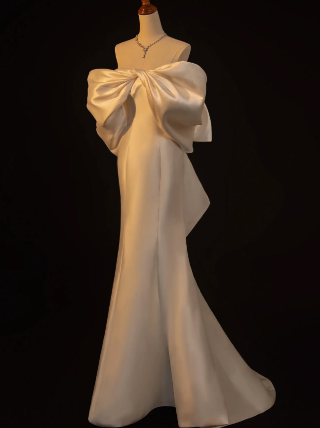 Elegant Mermaid Off the Shoulder Bow White Satin Party Dress Wedding Guest Dresses DP2356