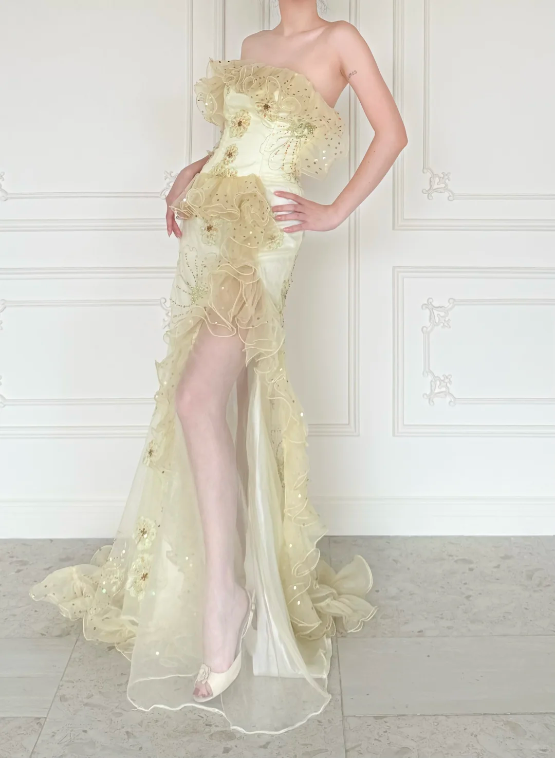 Pretty Mermaid Strapless Shiny Sequin Yellow Organza Slit Prom Dress Evening Dress DP6446