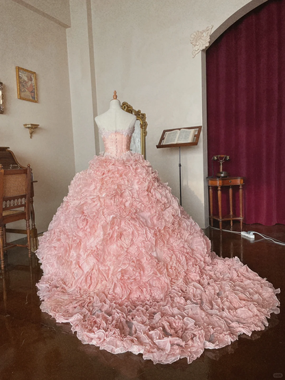 Sweety Light Pink Ball Gown Floral Tulle Prom Dress 16th Birthday Dress DP5019