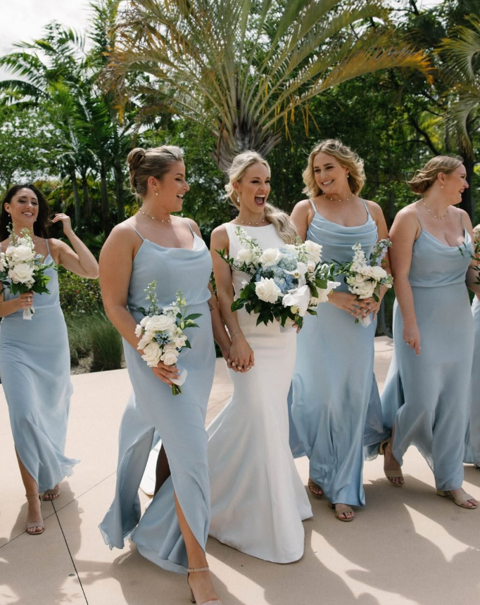 Baby Blue A Line Straps Chiffon Bridesmaid Dress Prom Dress with Slit DP4978
