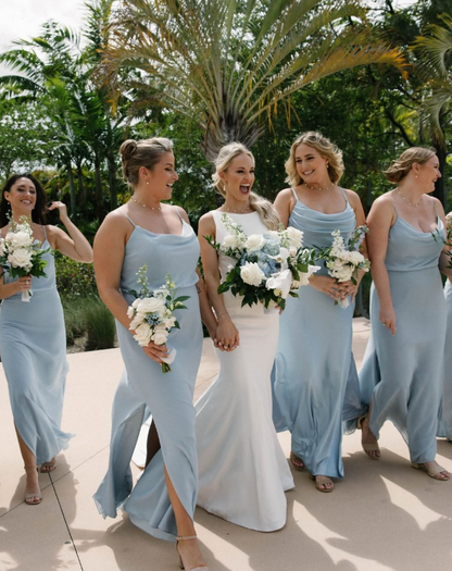 Baby Blue A Line Straps Chiffon Bridesmaid Dress Prom Dress with Slit DP4978