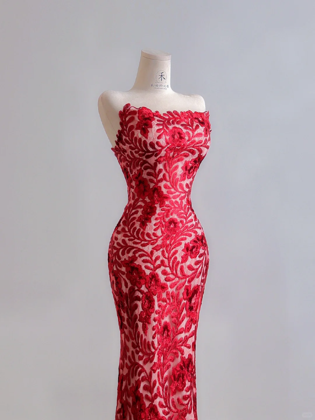 Charming Burgundy Mermaid Strapless Lace Prom Dress Wedding Guest Dress DP3876