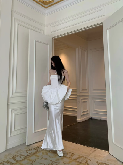 Unique Mermaid Strapless White Satin Prom Dress Evening Dress DP3846