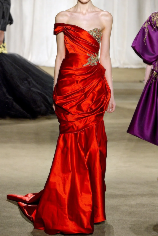 Vintage Mermaid One Shoulder Appliques Red Satin Prom Dress Evening Dress DP4472