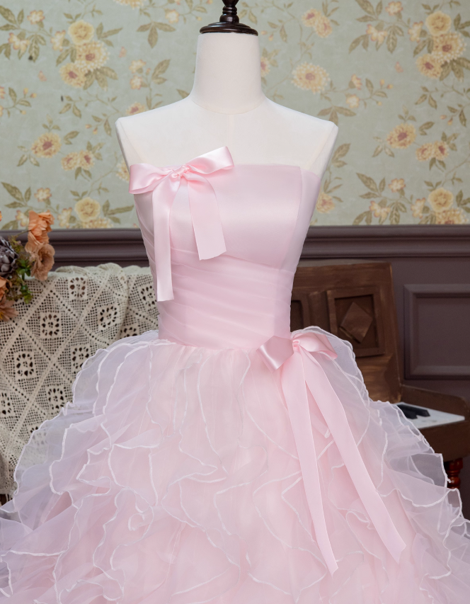 Pink Ball Gown Strapless Ruffle Layered Organza Prom Dress 16th Birthday Dress DP3563