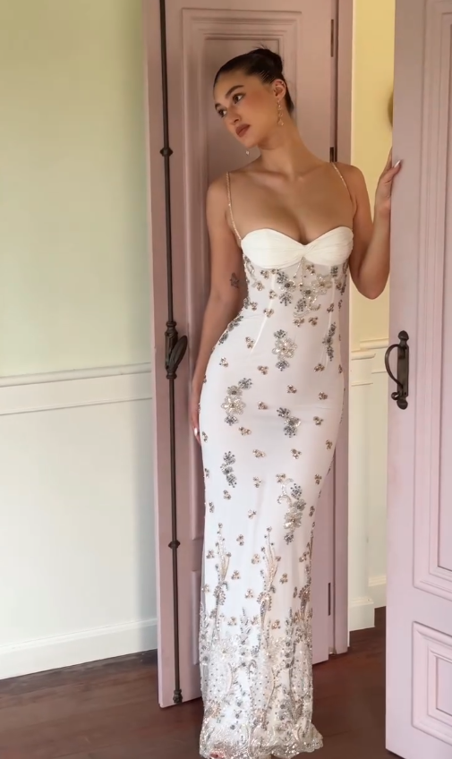 Elegant Sheath Spaghetti Strap Beaded White Chiffon Long Prom Dress Evening Dress DP4765