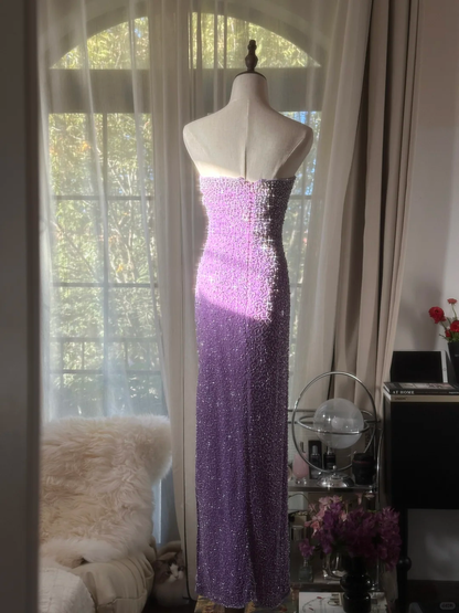 Shiny Sheath Strapless Beaded Purple Chiffon Long Party Dress Evening Dress DP2473