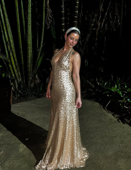 Gold A Line Halter Sequin Long Open Back Prom Dress Evening Dress DP1503