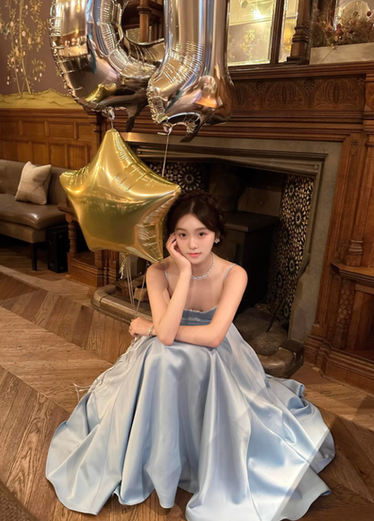 Baby Blue Elegant Simple Satin Party Dress Date Dress Birthday Dress DP2960