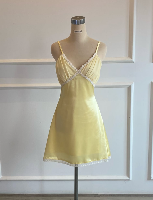 Yellow A Line Spaghetti Strap Lace Satin Short Homecoming Dress Cocktail Dress DP3167