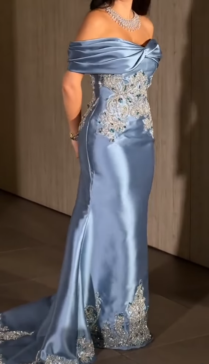 Elegant Blue Mermaid Off the Shoulder Lace Beaded Satin Prom Dress Evening Dress DP4339