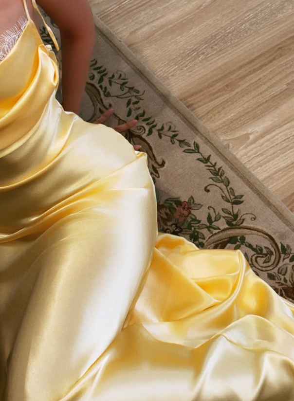 Yellow A Line Spaghetti Strap Lace Satin Prom Dress Evening Dress DP7950