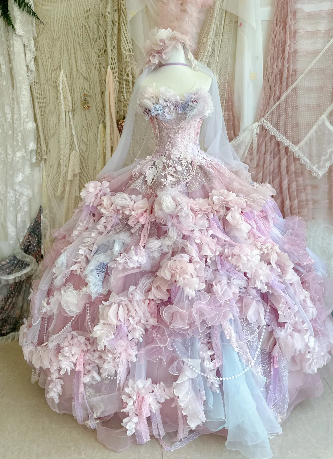 Pink Ball Gown Strapless Pink Beaded Floral Tulle Prom Dress 16th Birthday Dress DP4379