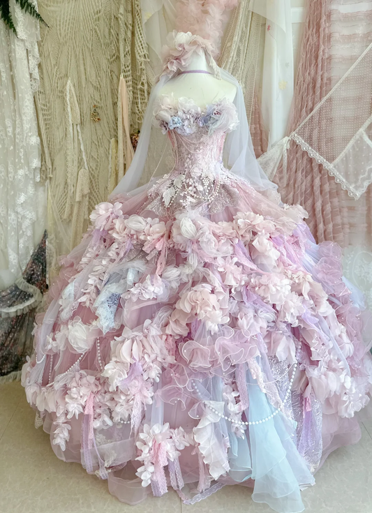 Pink Ball Gown Strapless Pink Beaded Floral Tulle Prom Dress 16th Birthday Dress DP4379