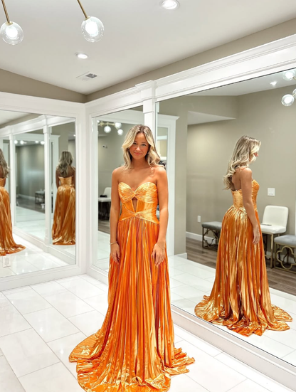 Stunning A Line Sweetheart Neck Orange Satin Long Prom Dress Evening Dress DP1852