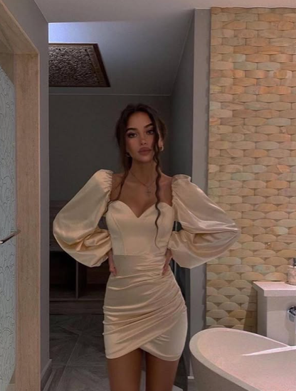 Champagne Sheath Long Sleeve Satin Short Homecoming Dress Cocktail Dress DP3855
