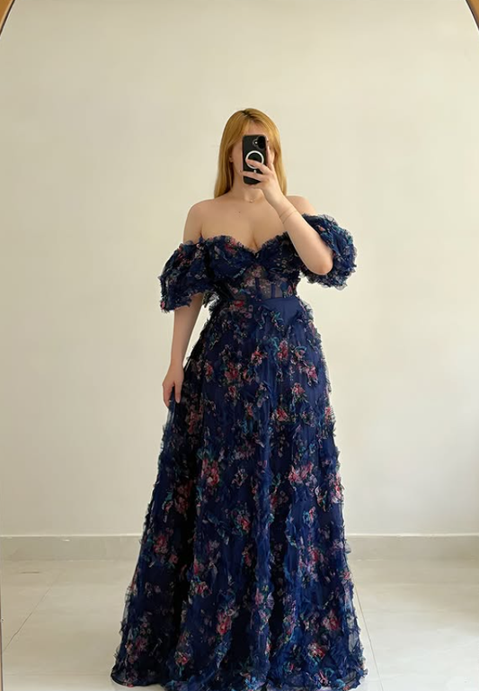Navy Blue A Line Off the Shoulder Print Floral Tulle Prom Dress Evening Dress DP6050