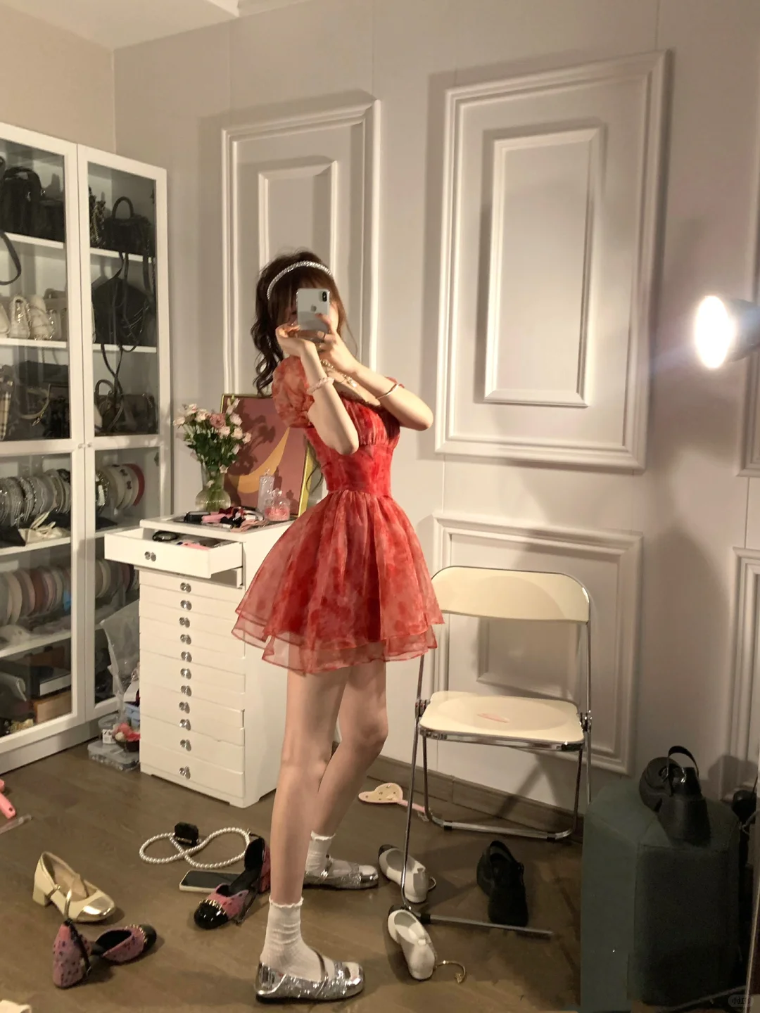 Cute A Line Puff Red Print Floral Chiffon Short Homecoming Dress Cocktail Dress DP2671
