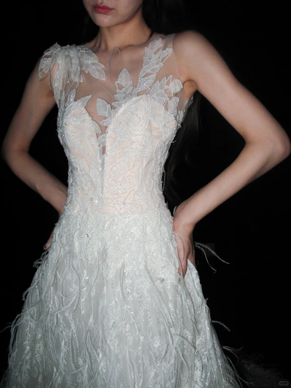 New A Line Sweetheart Neck White Applique Feather Tulle Long Wedding Dress DP8115