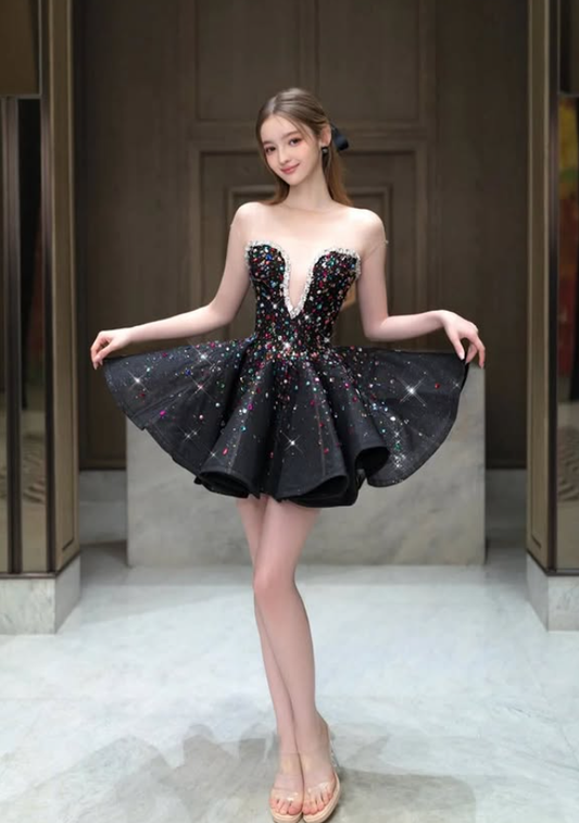Cute A Line Sweetheart Neck Multi-color Beaded Black Satin Short Homecoming Dress DP4390
